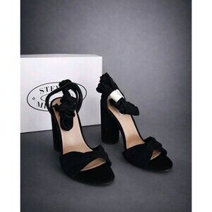 Steve Madden Black Suede Heels Sandals Chunky Block  Heel Ankle Strap New w Box